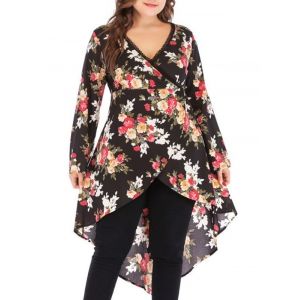 

Plus Size High Low Floral Print Tops, Black