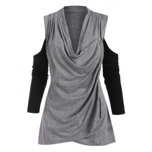 

Zippered Front Cowl Neck Open Shoulder Top, Gray
