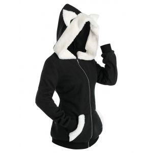 

Faux Fur Insert Dog Ear Zip Up Hoodie, Black
