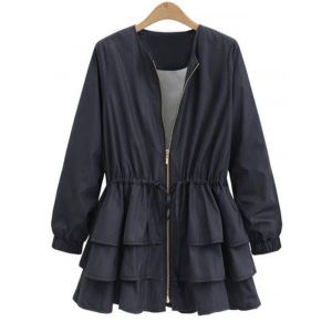 

Plus Size Drawstring Layered Zip Up Jacket, Deep blue