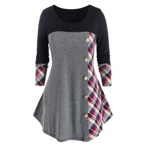 

Plus Size Plaid Patchwork Asymmetric T Shirt, Black