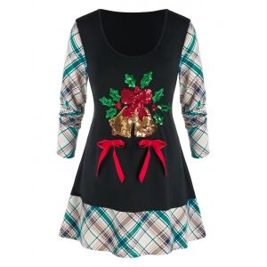 

Plus Size Christmas Plaid Sequins Bells T Shirt, Black