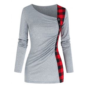 

Plaid Panel Grommet Asymmetric T Shirt, Light gray