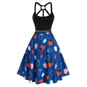 Studded Strawberry Print O Ring Dress, Deep blue