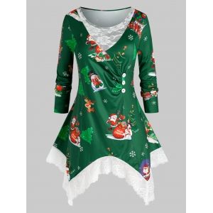 

Plus Size Snowman Santa Print Button T Shirt, Deep green