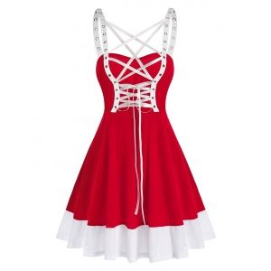 

Christmas Lace-up Contrast Sleeveless Flare Dress, Red