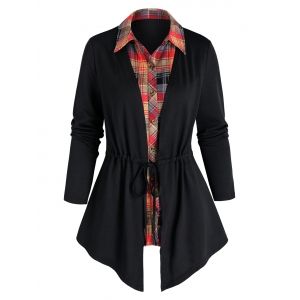 

2 In 1 Plaid Panel Shirt Collar Cinch Top, Black
