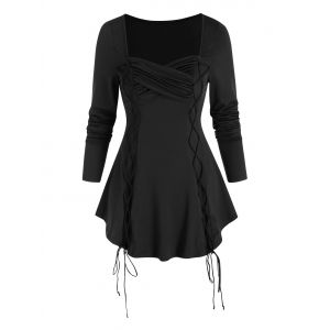 

Ruched Criss Cross Lace Up Tunic T Shirt, Black