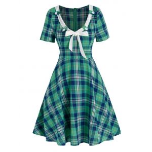 

Plaid Print Tie Knot Flare Dress, Aquamarine