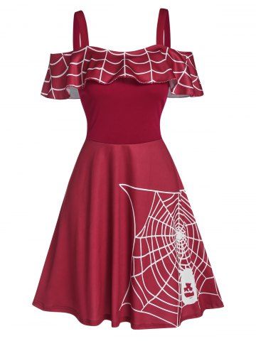 Halloween Spider Web Print Skater Dress - RED WINE - S