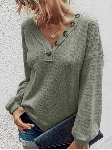 V Neck Textured Buttoned Knitwear - GRAY - M