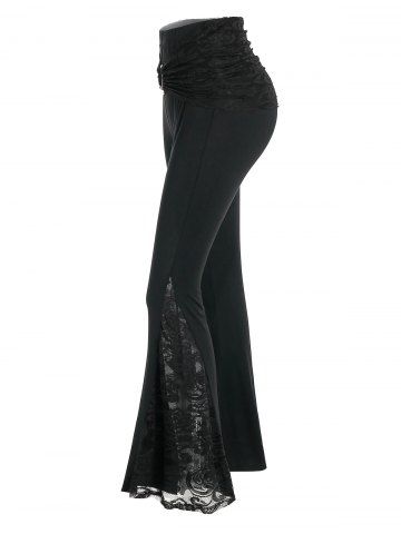 

O-ring Ruched Lace Insert Flare Pants, Black