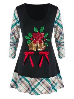 Plus Size Christmas Plaid Sequins Bells T Shirt - BLACK - L