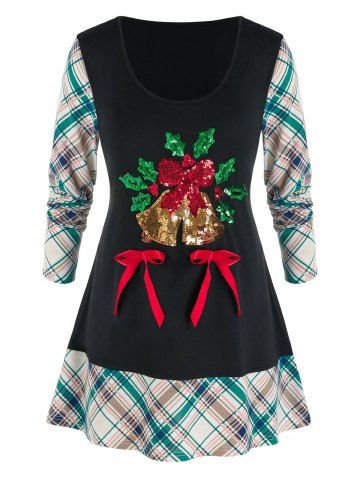 Plus Size Christmas Plaid Sequins Bells T Shirt - BLACK - 3X