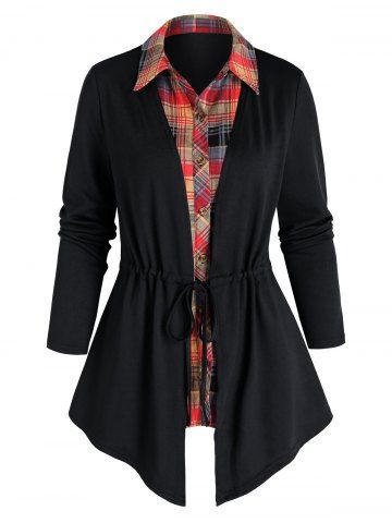 2 en 1 panel a cuadros camiseta collar cincha top - BLACK - L