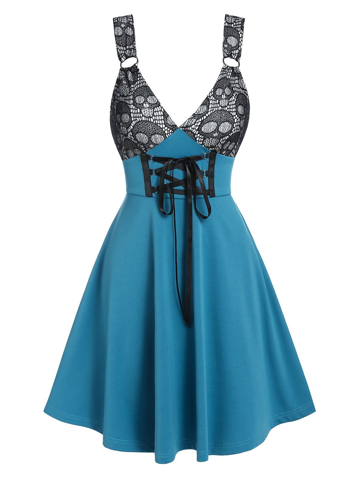 

Skull Pattern Colorblock Lace-up A Line Dress, Light sea green