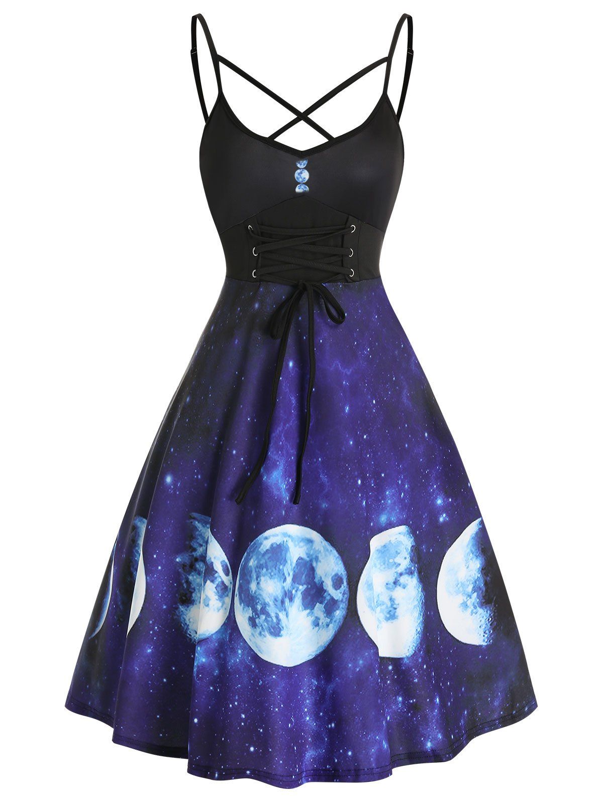 

Lace Up Starry Moon Print Slip A Line Dress, Black