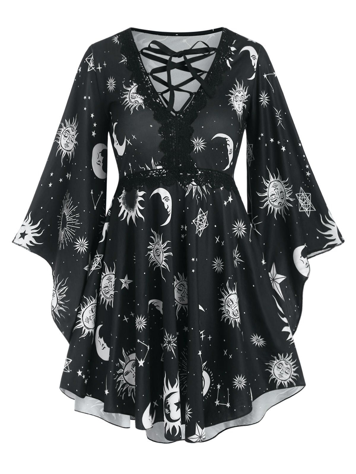 

Star Sun and Moon Lace Up Skirted Tunic Top, Black