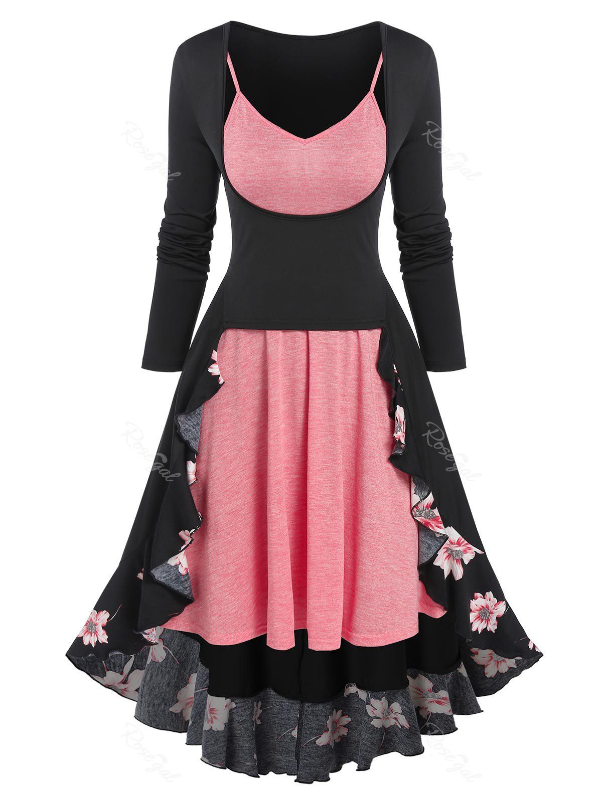 Cheap Floral Print Flounced Midi Dress and Cami Dress Set  