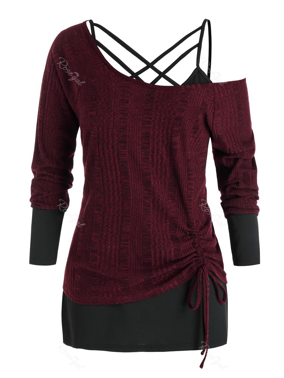 

Plus Size Skew Collar Cinched Sweater with Caged Top Set, Firebrick