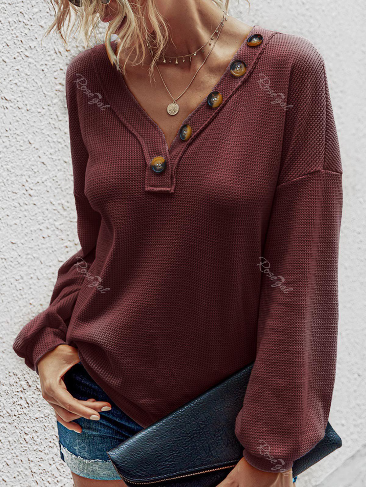 

V Neck Textured Buttoned Knitwear, Deep red