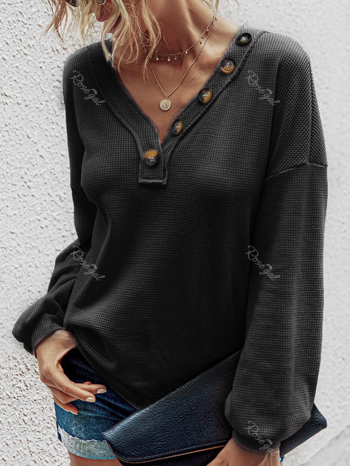 

V Neck Textured Buttoned Knitwear, Black