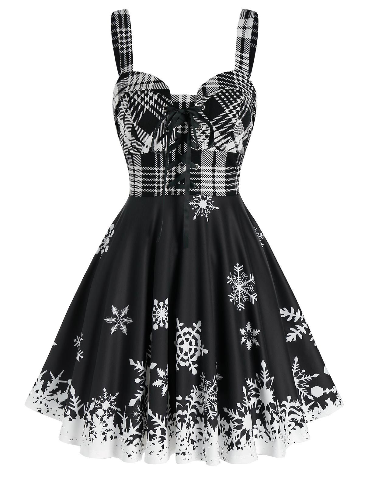 

Lace Up Plaid Snowflake Print Christmas Dress, Black