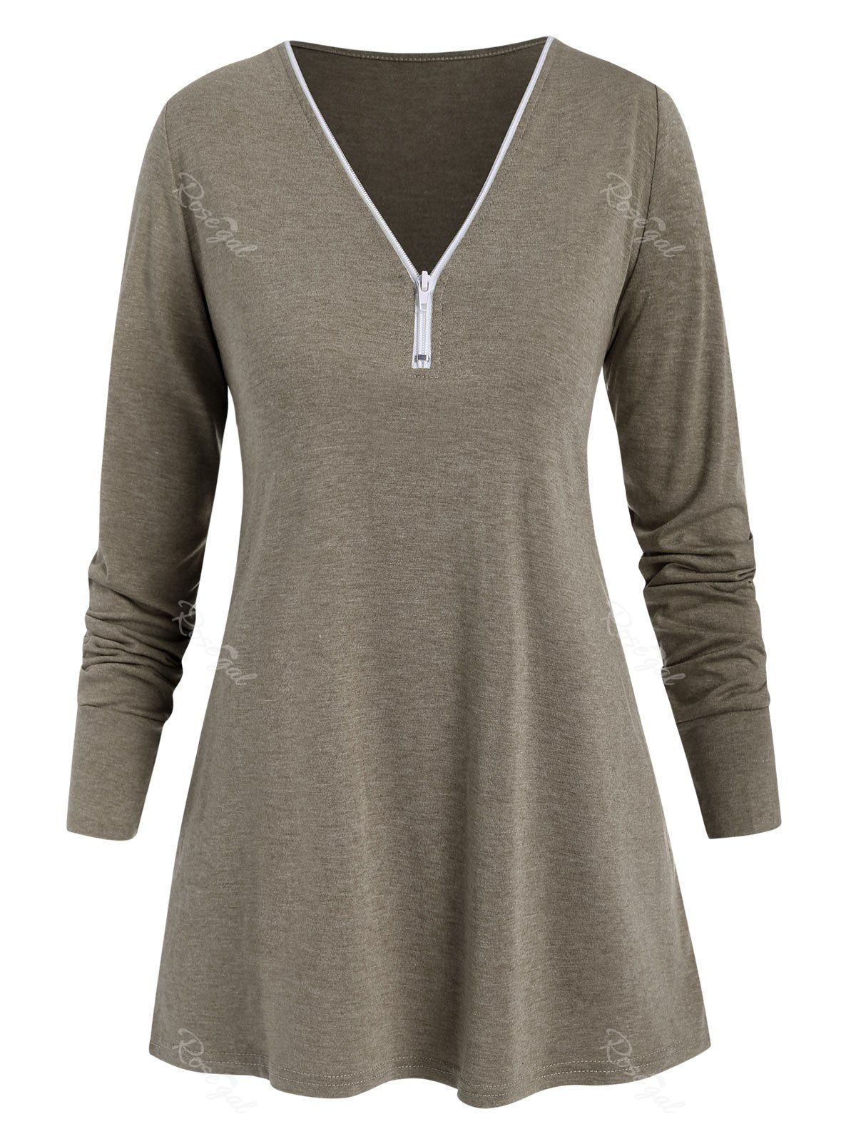 

Front Half Zip Long Sleeve Tee, Light coffee
