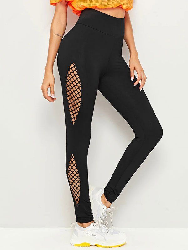 

High Waisted Fishnet Panel Leggings, Black