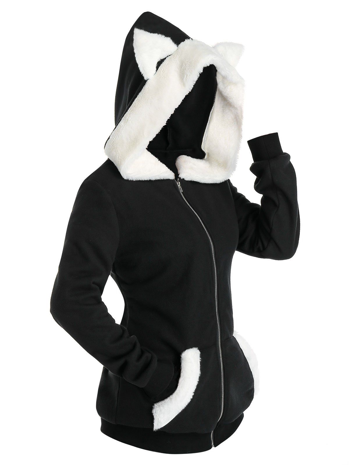 

Faux Fur Insert Dog Ear Zip Up Hoodie, Black