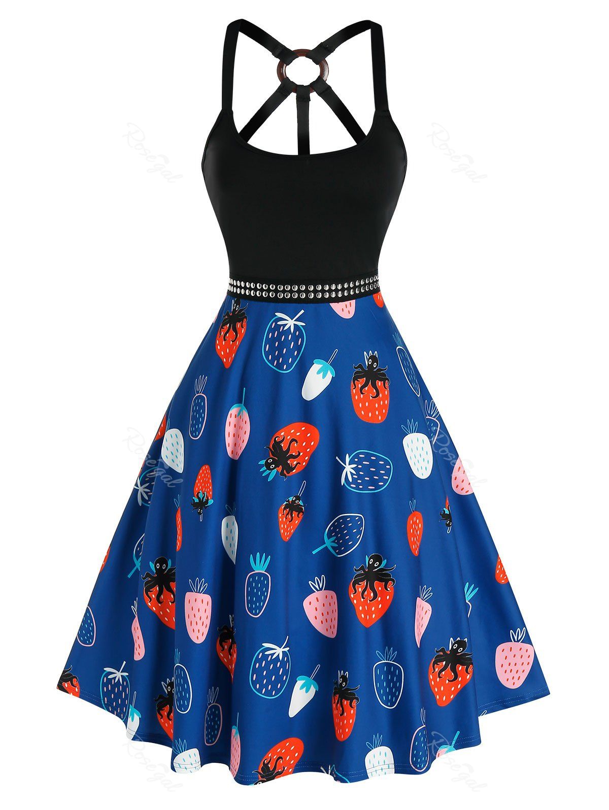 Affordable Studded Strawberry Print O Ring Dress  
