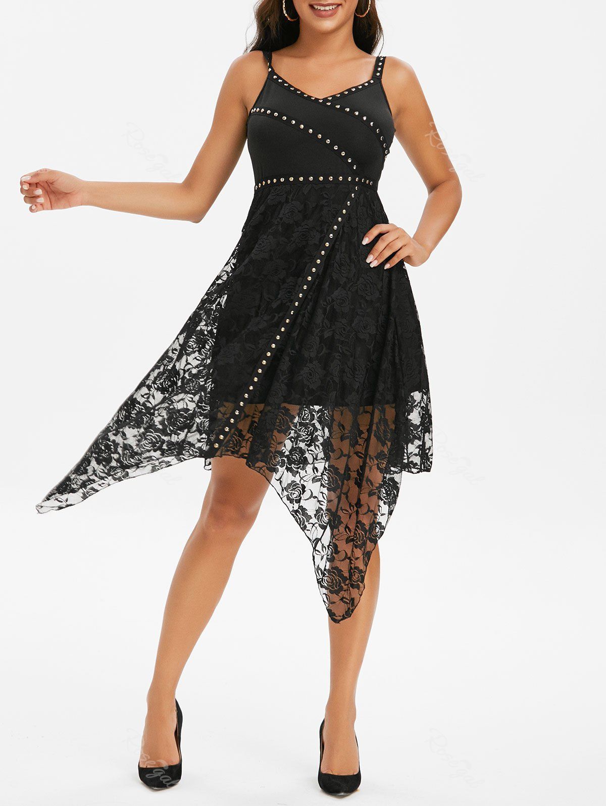 

Rivets Lace Overlay Asymmetrical Sleeveless Dress, Black