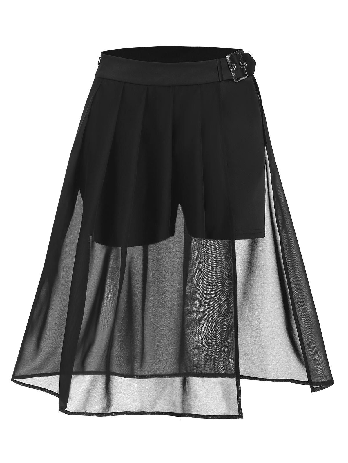 

Pleated Buckle Sheer Slit Skirt, Black