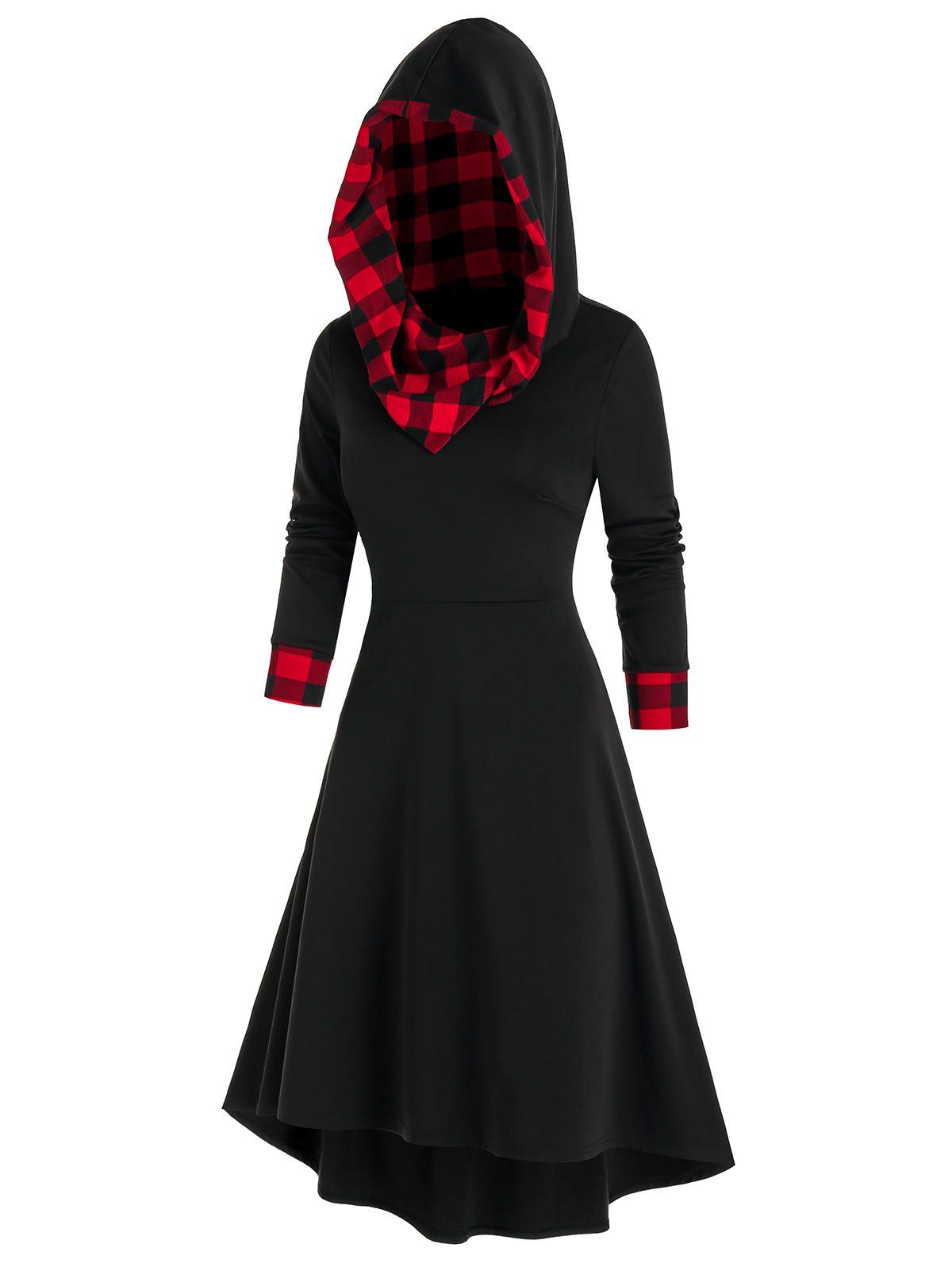 

Plaid Print Hooded Lace-up High Low Dress, Black