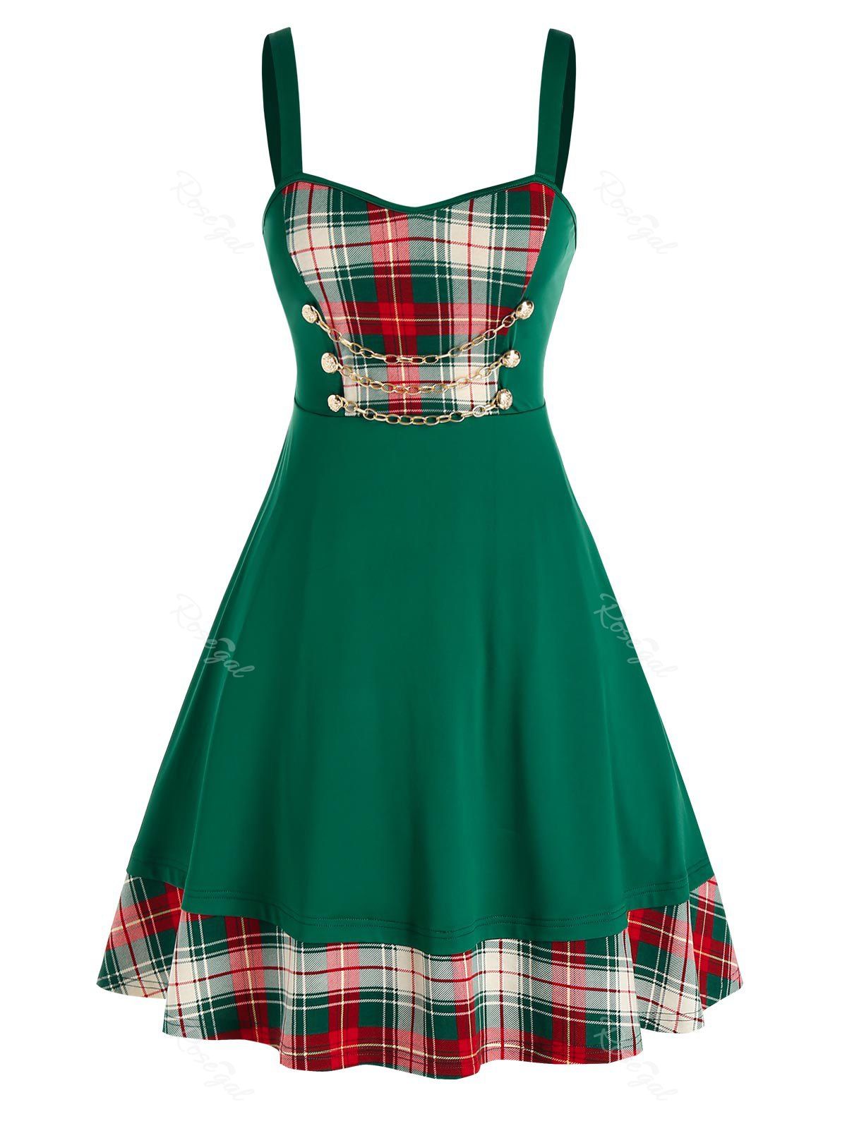 

Plus Size Chain Checked Printed Dress, Deep green