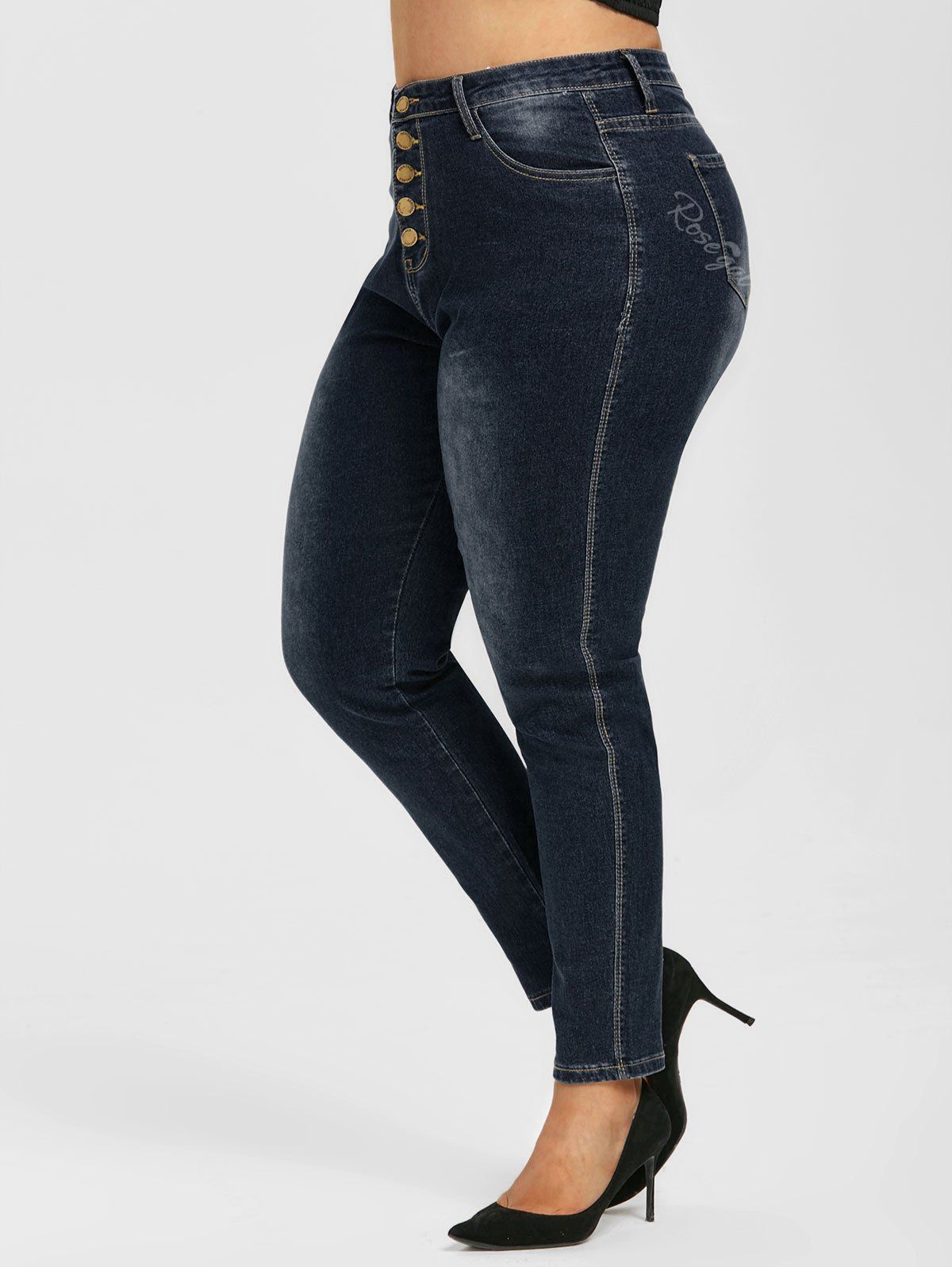 

High Waisted Button Fly Plus Size Skinny Jeans, Deep blue