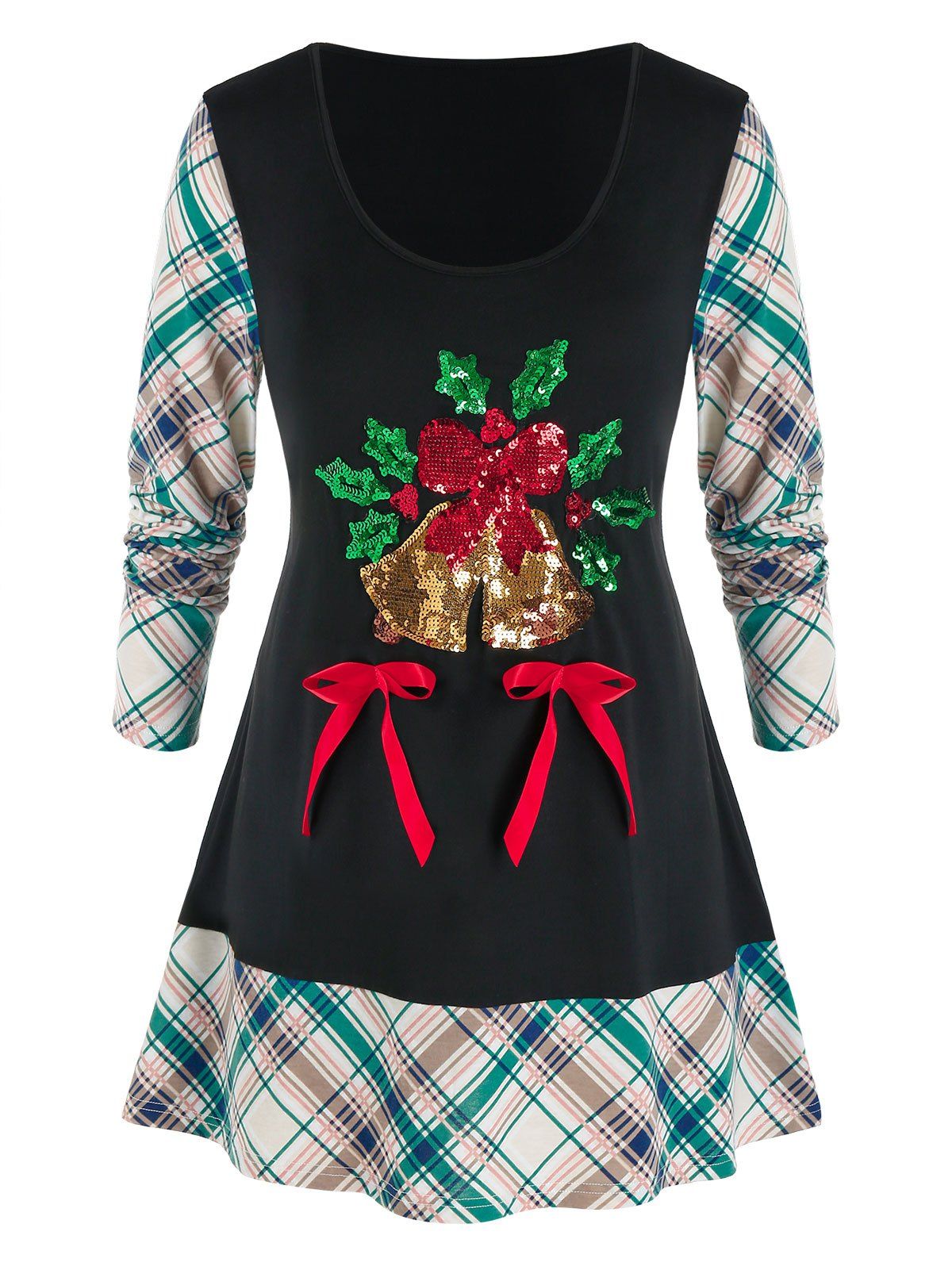 

Plus Size Christmas Plaid Sequins Bells T Shirt, Black