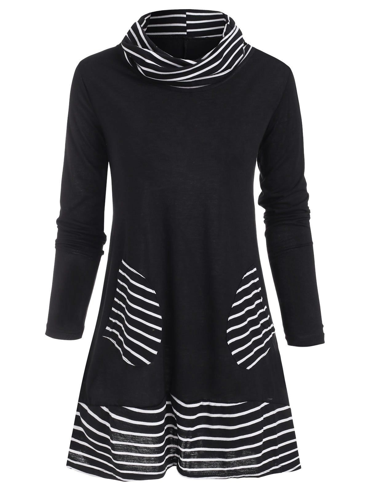 

Cowl Neck Striped Patched Pocket Tee, Black