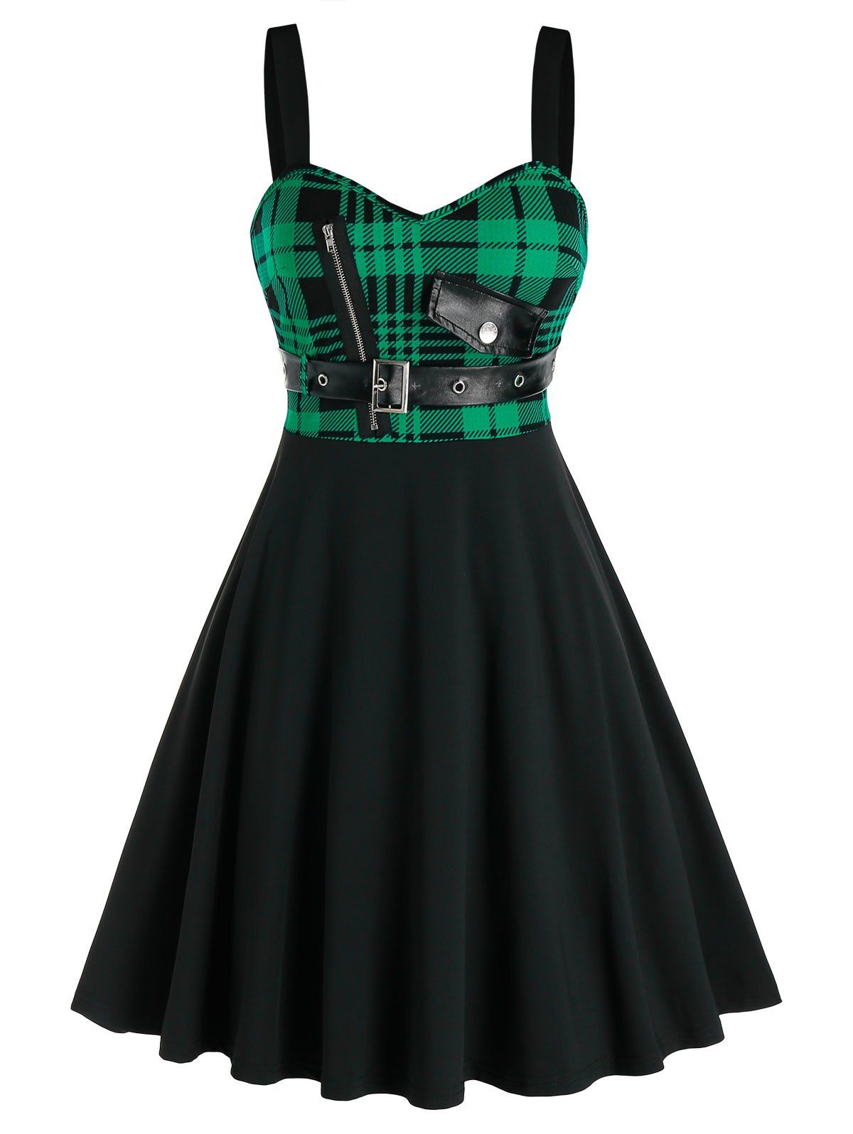 

Punk Plaid Print Zipper Buckle Dress, Light green