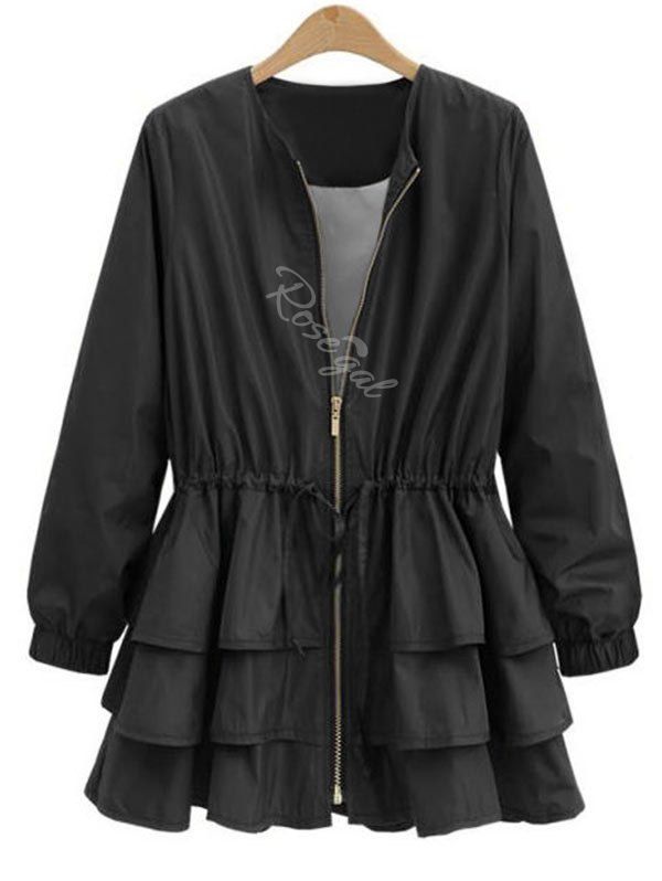 

Plus Size Drawstring Layered Zip Up Jacket, Black