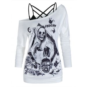 

Floral Skull Print One Shoulder Two Piece T Shirt Set, White