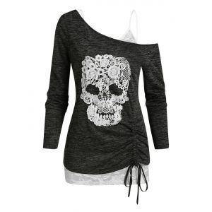 

Skull Lace Pattern Cold Shoulder Two Piece T Shirt, Dark gray