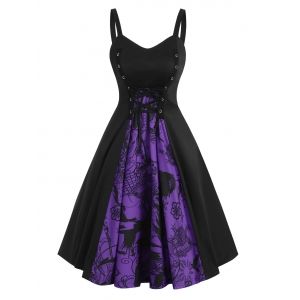 

Lace-up Halloween Skull Patterned A Line Dress, Purple