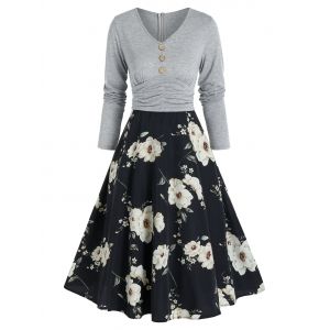 

Floral Print V Neck 2 In 1 A Line Dress, Gray cloud