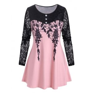 

Plus Size Lace Sleeve Printed T Shirt, Light pink