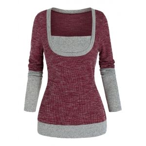 

Two Tone Square Neck Knitted T Shirt, Red wine