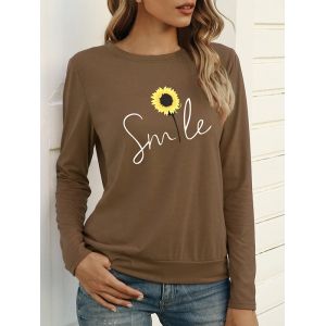 

Long Sleeve Sunflower Smile Graphic T-shirt, Coffee