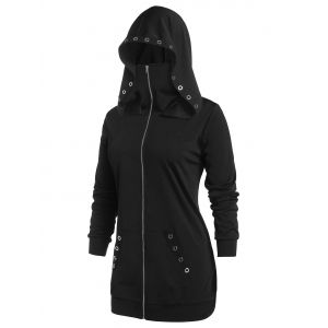 

Plus Size Zip Up Grommet Pocket Tunic Hooded Coat, Black