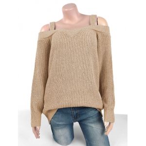 

Plus Size Chunky Cold Shoulder Sweater, Light coffee