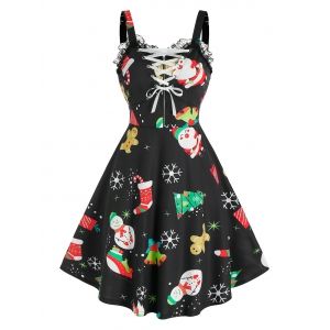 

Lace Up Christmas Printed Dress, Black